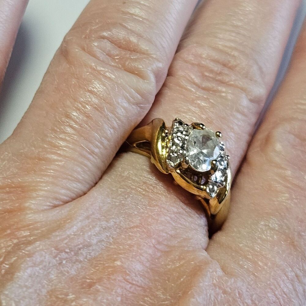 Vintage Uncas 14k Heavy Gold Electroplate Clear Rhinestone Ring Size 7 Cocktail